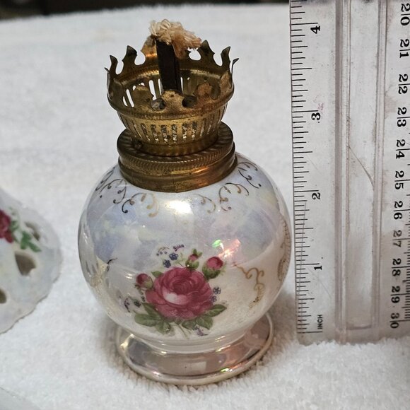 Vtg Lot  Japan Mini 4" Porcelain Kerosene Oil Lamp Roses Base Plus 2 Bobeches - Picture 11 of 11